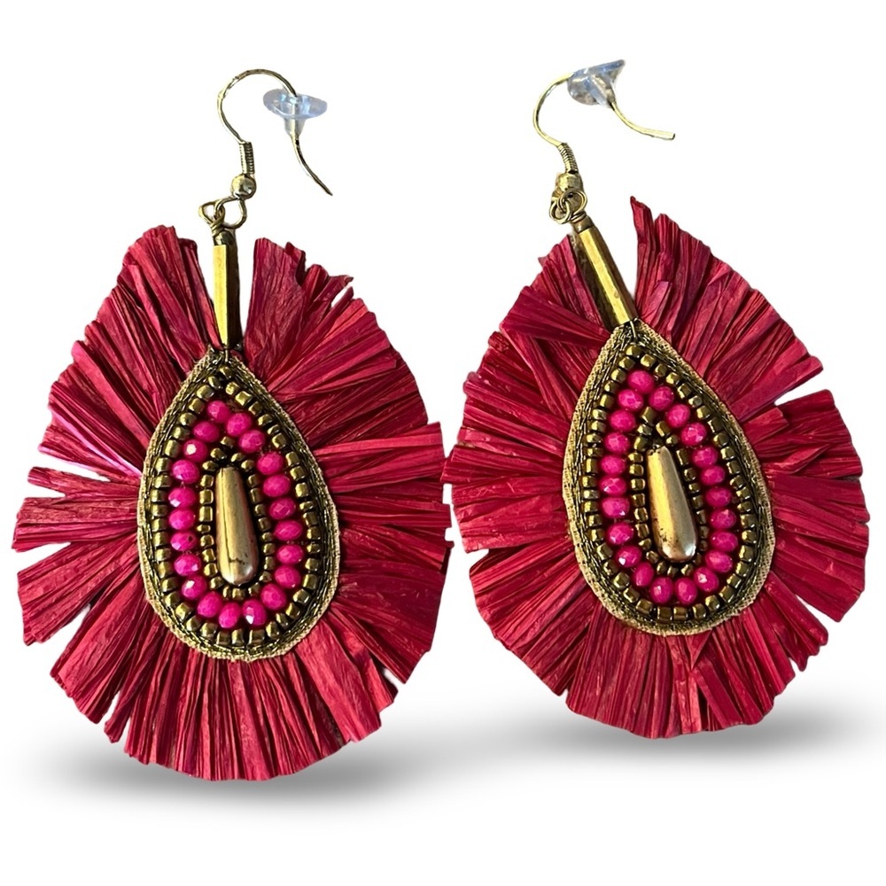 Red and Gold Raffia Beaded Statement Earrings